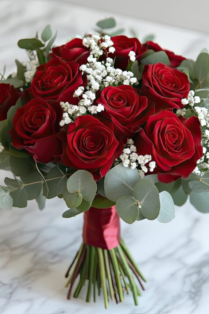 A minimalist red rose and Baby’s Breath bouquet with eucalyptus and a satin ribbon.