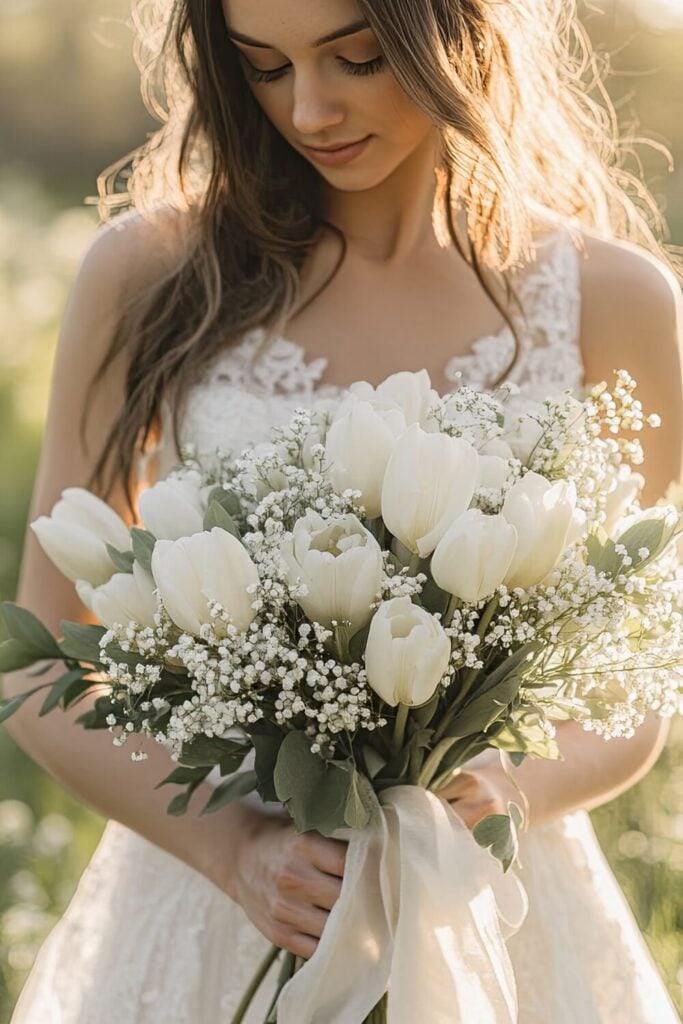 A white tulip and Baby’s Breath bouquet with flowing greenery tied with a soft white ribbon.