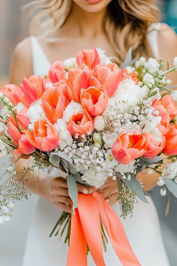 A vibrant coral tulip and Baby’s Breath wedding bouquet accented with white lisianthus and a coral ribbon.
