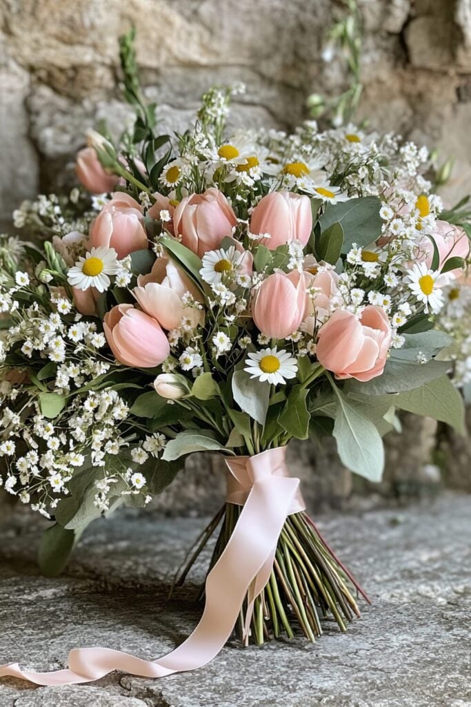 A blush tulip and wildflower wedding bouquet featuring daisies, Baby’s Breath, and greenery tied with a pink ribbon.