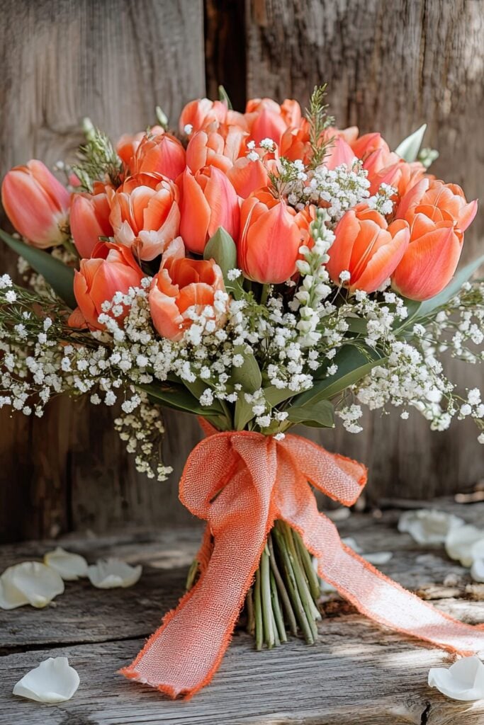 A bold coral tulip and Baby’s Breath bouquet with greenery tied with a textured coral ribbon.