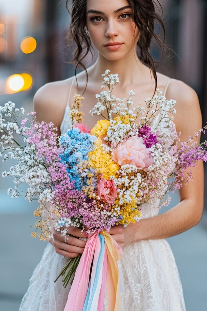 A pastel-colored bouquet with Baby’s Breath, peonies, and pastel ribbons for a whimsical wedding.