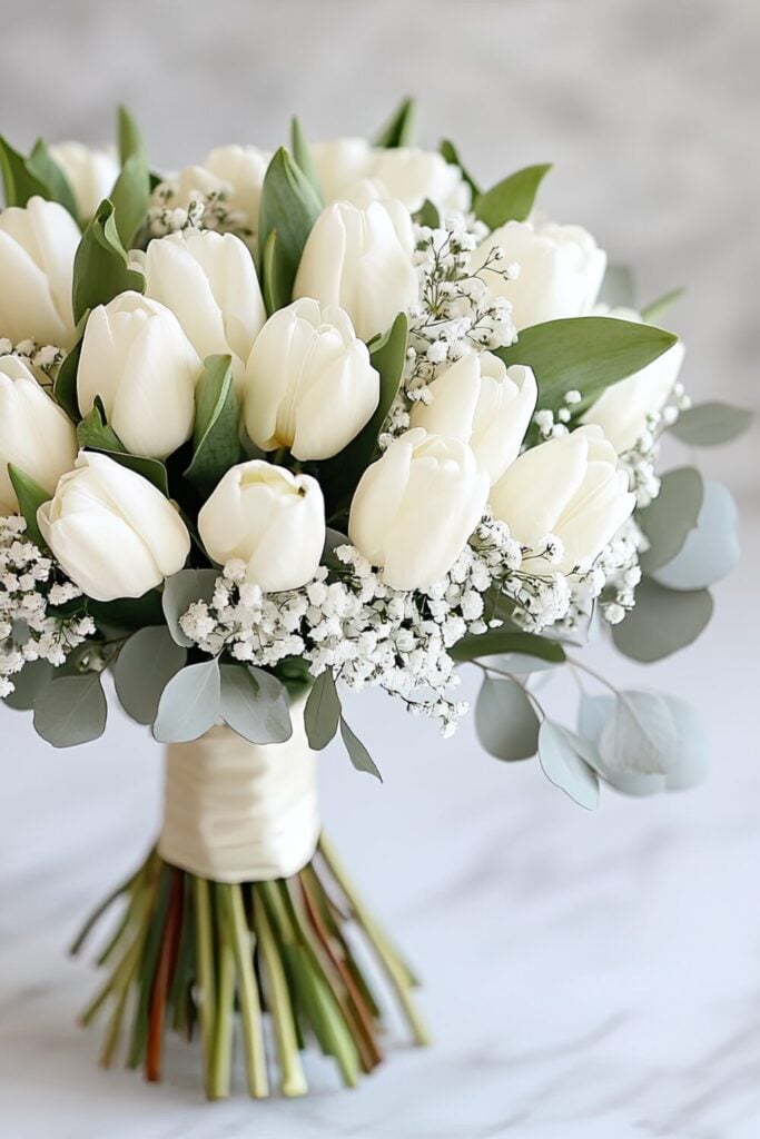 A minimalist white tulip and Baby’s Breath bouquet with eucalyptus tied with a satin ribbon.