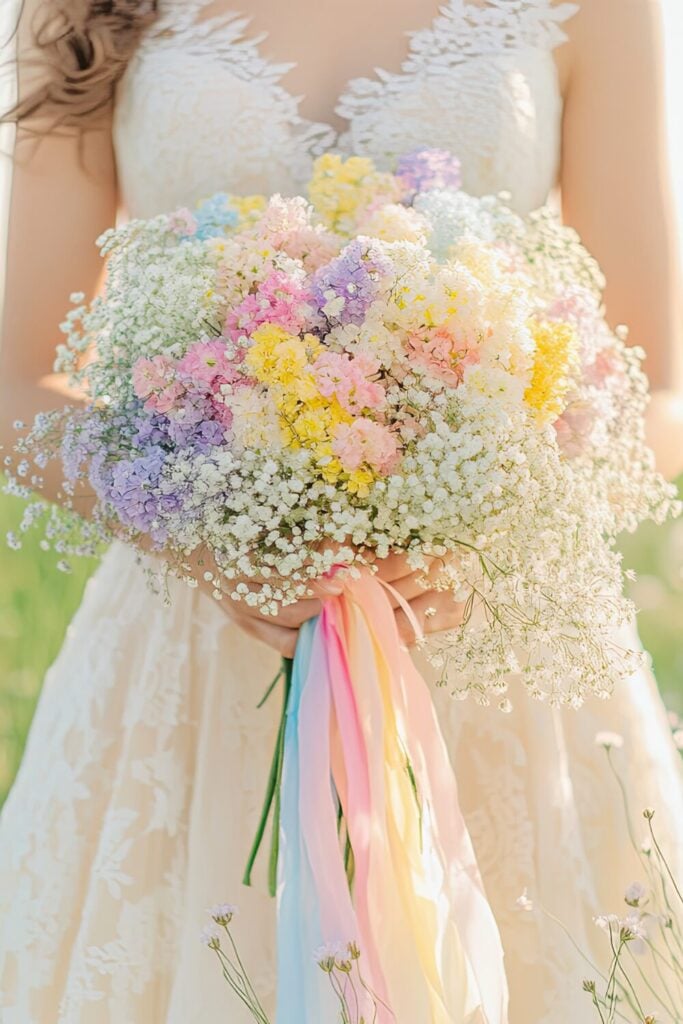 A colorful Baby’s Breath bouquet with rainbow ribbons for a vibrant wedding style.