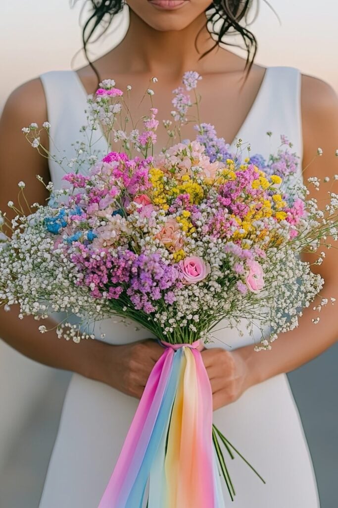 A pastel Baby’s Breath wedding bouquet with flowing rainbow ribbons in soft hues.