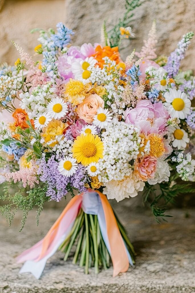 A wildflower wedding bouquet with daisies, pastel blooms, and soft ribbons for a boho vibe.