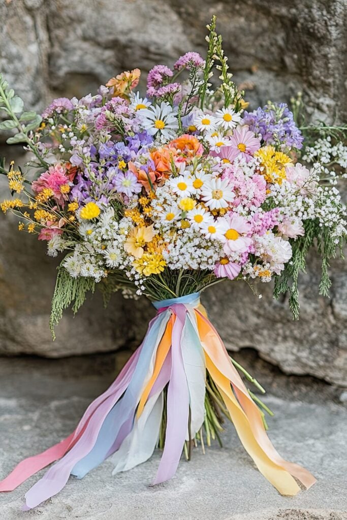 A pastel wildflower wedding bouquet with daisies, Baby’s Breath, and flowing multicolored ribbons.