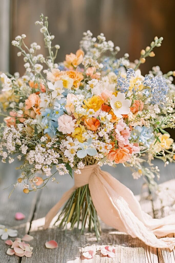 A rustic wedding bouquet with peach roses, blue accents, and a blush ribbon for a vintage-inspired design.