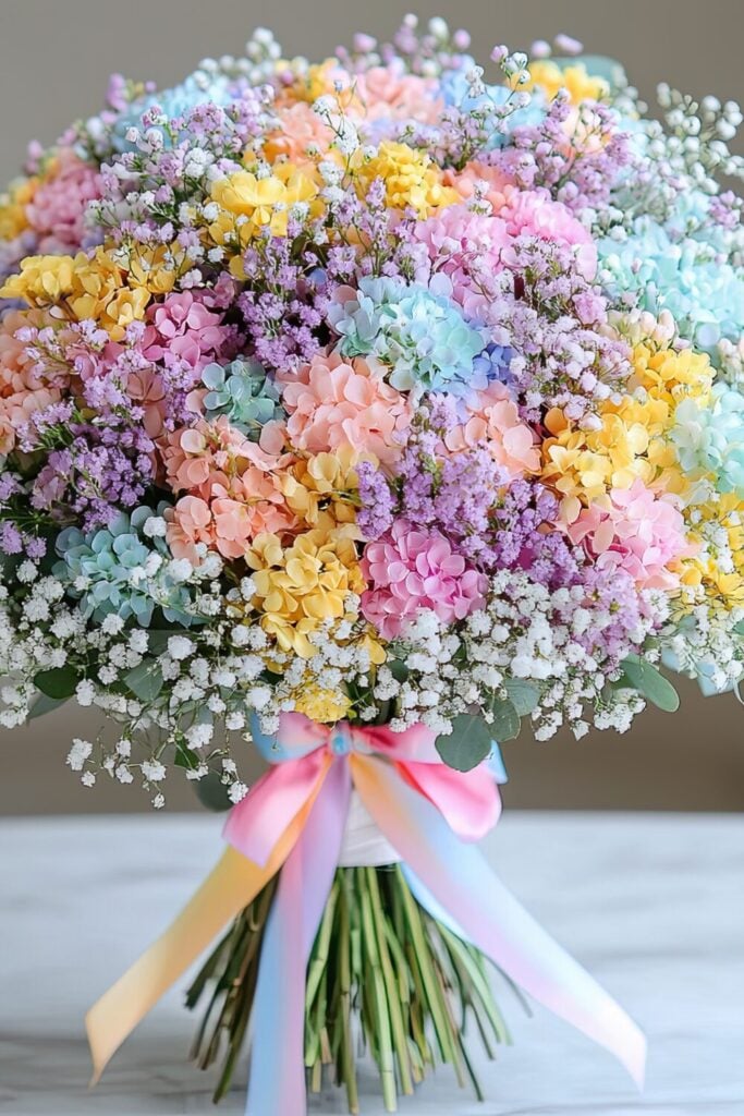 A pastel hydrangea and Baby’s Breath wedding bouquet with a soft ribbon for a whimsical look.