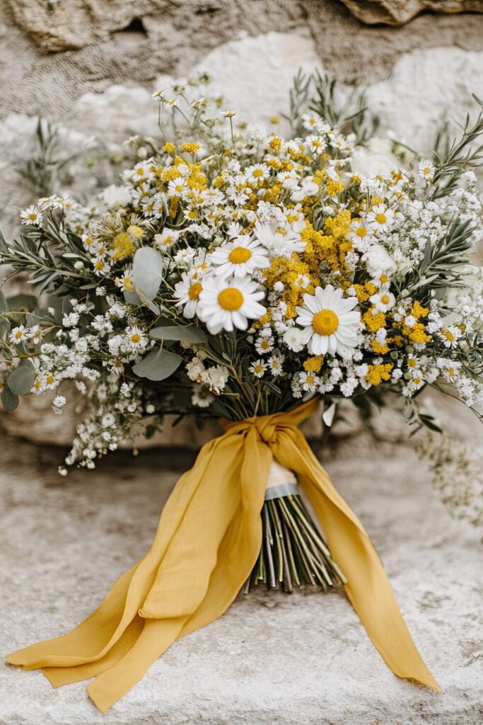 A rustic yellow wedding bouquet featuring daisies, Baby’s Breath, greenery, and a mustard-yellow ribbon.
