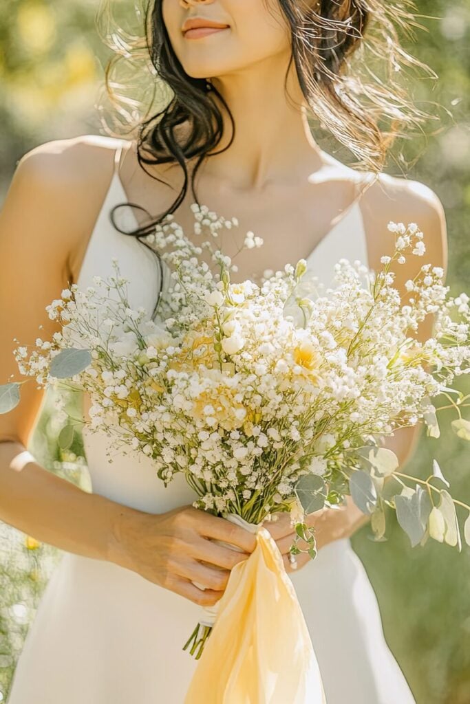 A minimalist yellow and white bouquet with Baby’s Breath, eucalyptus, and a soft yellow ribbon.