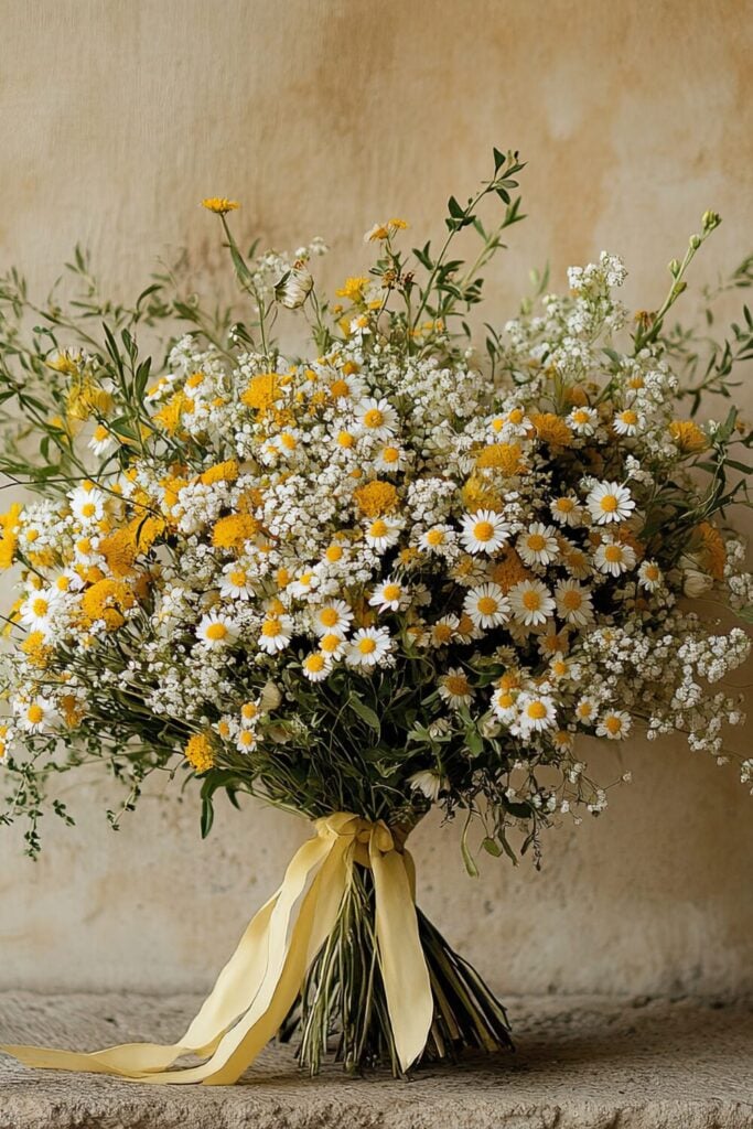 A wildflower-inspired bouquet with daisies, Baby’s Breath, golden accents, and a soft yellow ribbon.