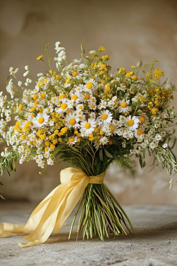 A daisy and Baby’s Breath bridal bouquet with yellow sprigs and a soft yellow ribbon for a rustic wedding.