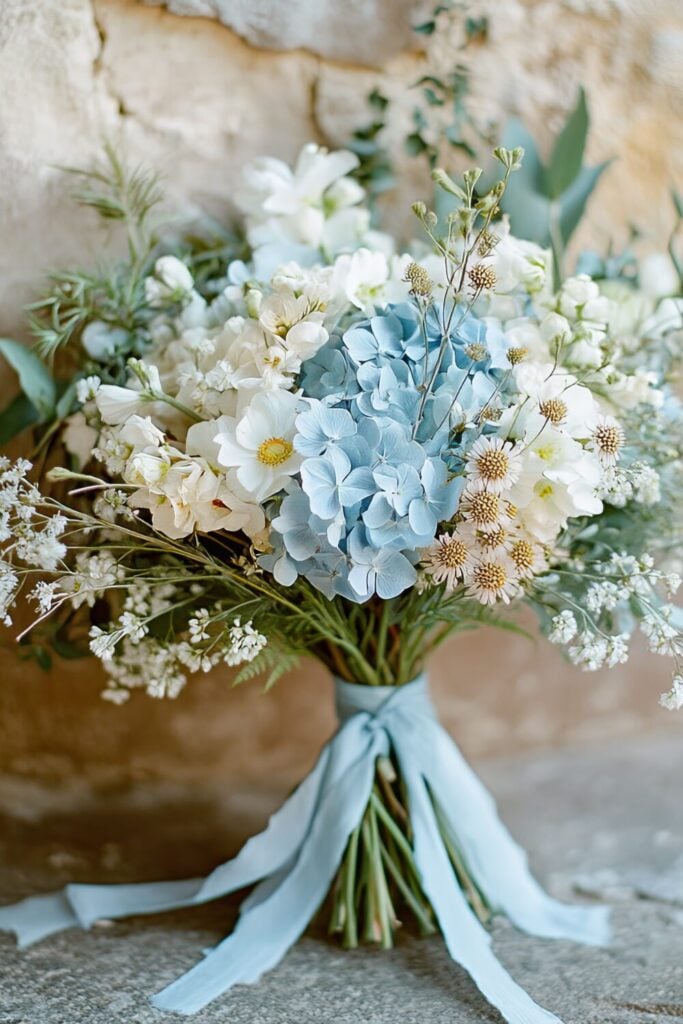 Blue hydrangea, wildflower, and baby's breath wedding bouquet with greenery and a soft blue ribbon.