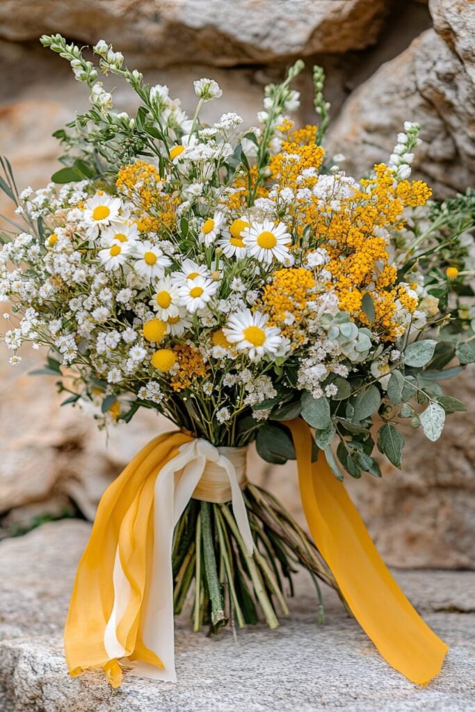 A rustic wedding bouquet featuring daisies, Baby’s Breath, yellow blooms, and golden-yellow and white ribbons.