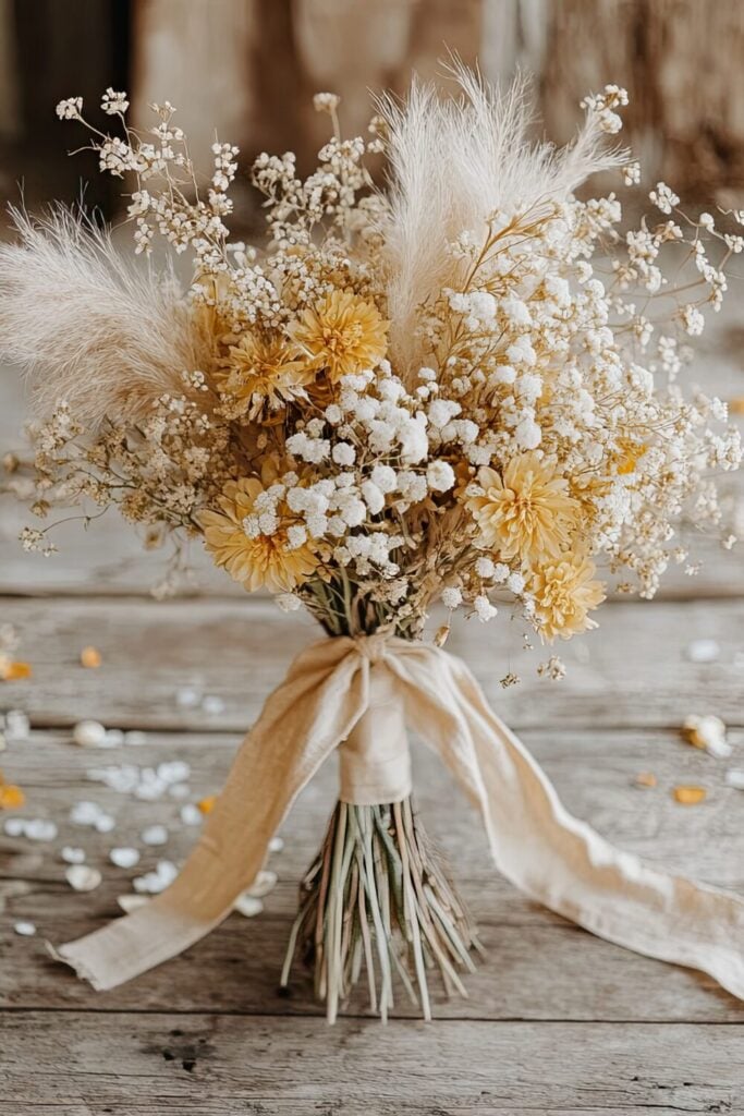 Rustic wedding bouquet featuring Baby’s Breath, yellow blooms, pampas grass, and a linen ribbon on a wooden surface.