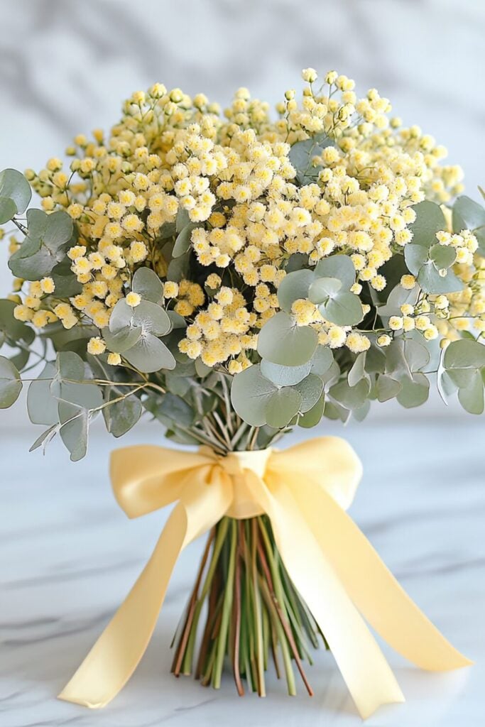Yellow Baby’s Breath and eucalyptus wedding bouquet with a yellow satin ribbon.