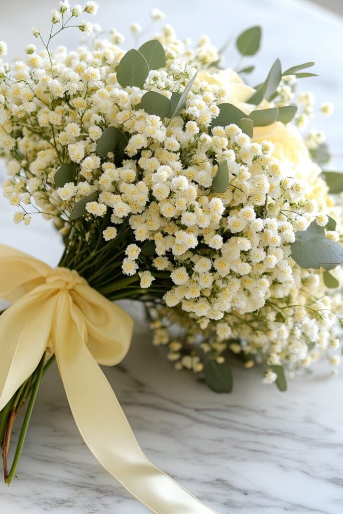 Cream and green wedding bouquet with Baby’s Breath, eucalyptus, and a satin ribbon.