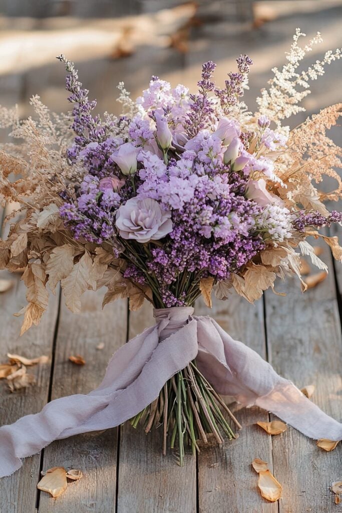 Boho-inspired wedding bouquet featuring Baby’s Breath, muted lavender blooms, dried leaves, and a soft purple ribbon.