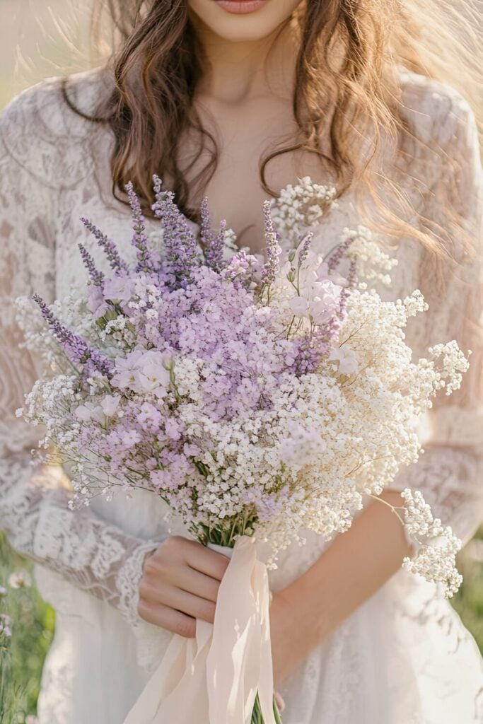 Ethereal wedding bouquet with Baby’s Breath, lavender stems, lilac blooms, and a blush ribbon.