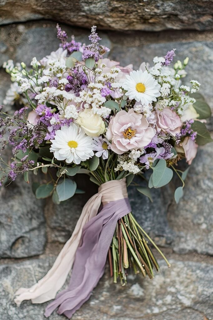 Wedding bouquet with daisies, pastel roses, Baby’s Breath, lilac flowers, and a lavender ribbon.