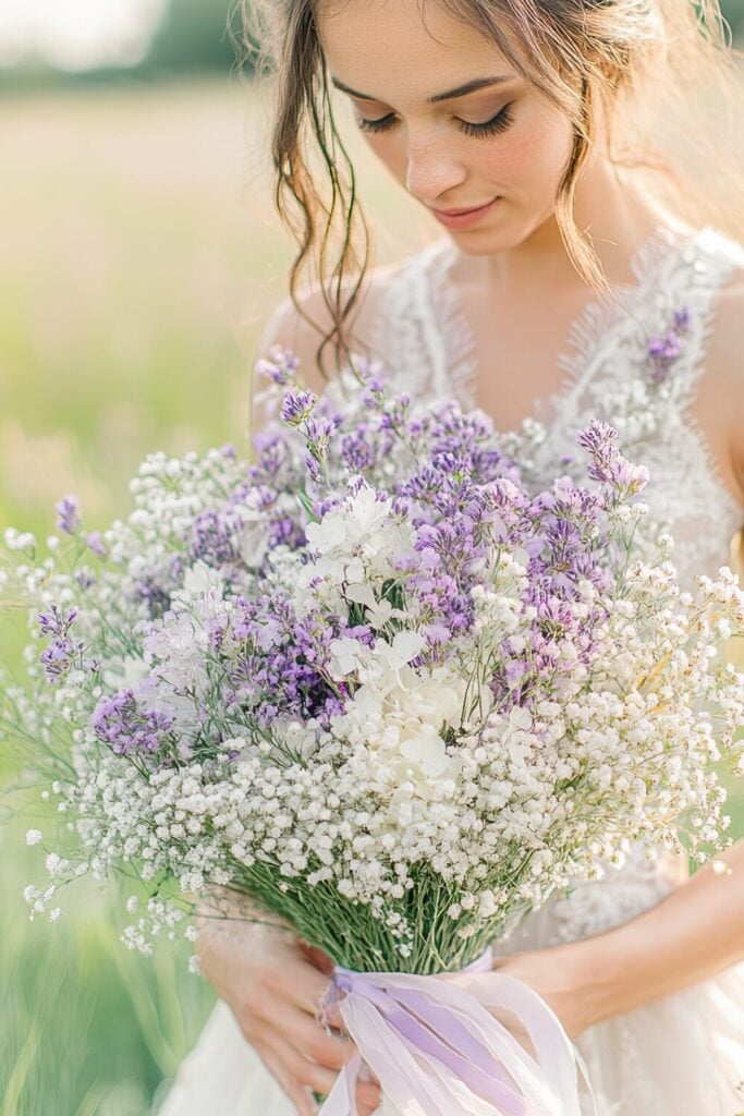 Minimalist wedding bouquet featuring Baby’s Breath and lavender flowers with a light purple ribbon.