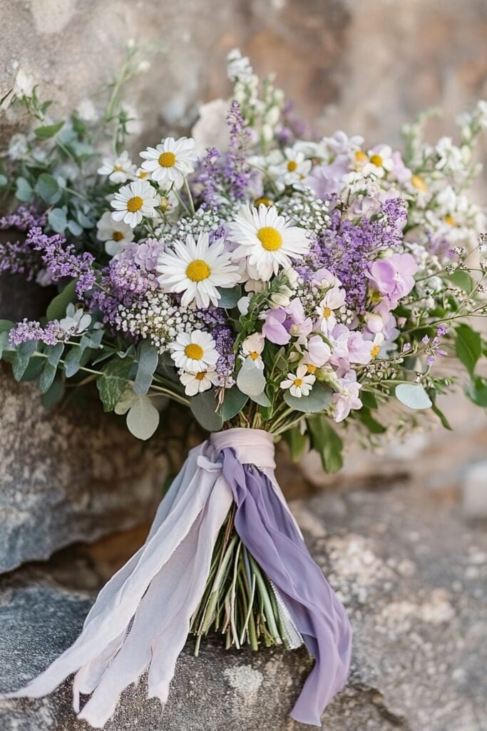 Rustic wedding bouquet with daisies, lavender, Baby’s Breath, and pastel flowers tied with soft ribbons.