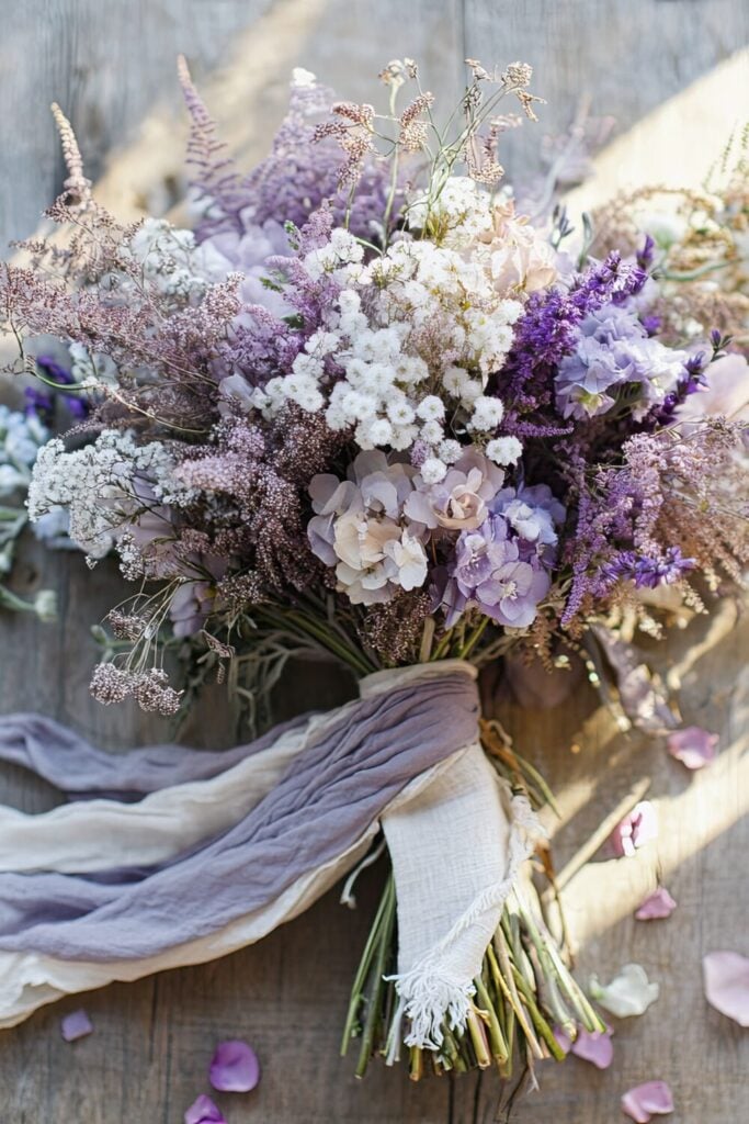 Vintage-inspired wedding bouquet with dried lavender, Baby’s Breath, pastel flowers, and soft linen ribbons.