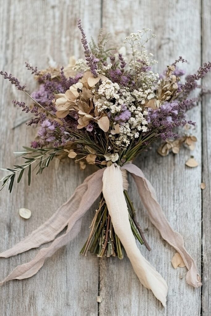Rustic wedding bouquet with lavender, Baby’s Breath, preserved leaves, and soft ribbons on a wooden surface.