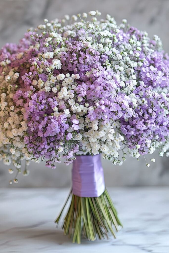 Voluminous Baby’s Breath bridal bouquet in lilac and white hues with a lavender ribbon.