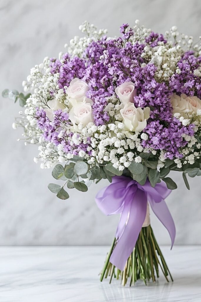 Wedding bouquet with lilac blooms, ivory roses, Baby’s Breath, and eucalyptus wrapped in a lavender ribbon.