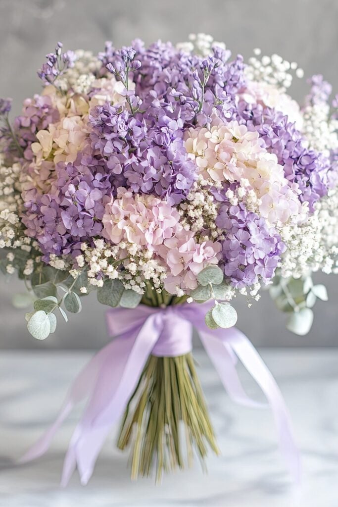 Wedding bouquet with pastel hydrangeas, Baby’s Breath, lilac flowers, and eucalyptus tied with a lavender ribbon.