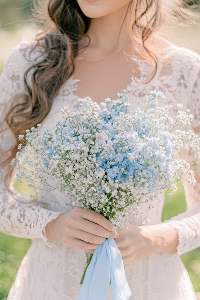 Soft wedding bouquet with Baby’s Breath and light blue blooms tied with a blue ribbon.