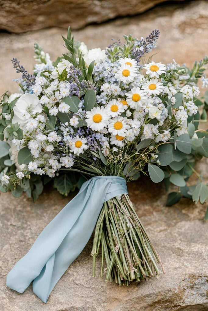 Wedding bouquet with daisies, lavender, Baby’s Breath, and a flowing blue ribbon.