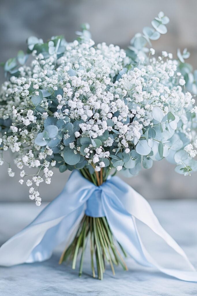 Elegant wedding bouquet with Baby’s Breath, eucalyptus, and a satin blue ribbon.