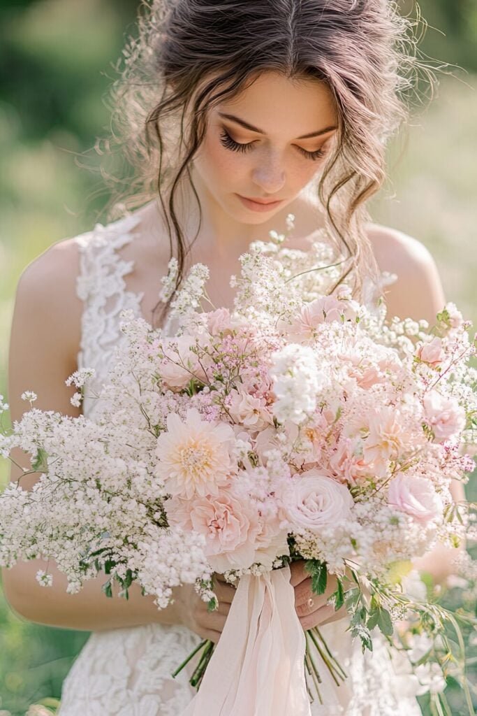 Wedding bouquet with pink dahlias, roses, Baby’s Breath, and a trailing blush ribbon.