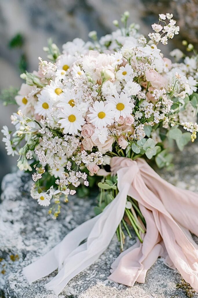 Wildflower-inspired wedding bouquet with daisies, pastel roses, Baby’s Breath, and blush ribbons.
