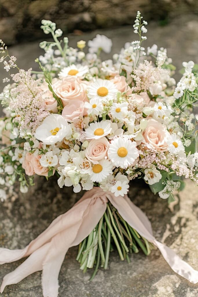 Wedding bouquet featuring blush roses, white daisies and baby's breath with peach silk ribbon
