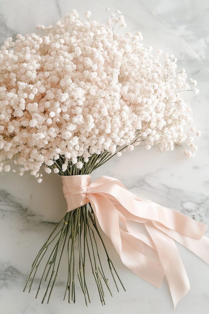 Pure white baby's breath wedding bouquet with pink silk ribbon on marble background