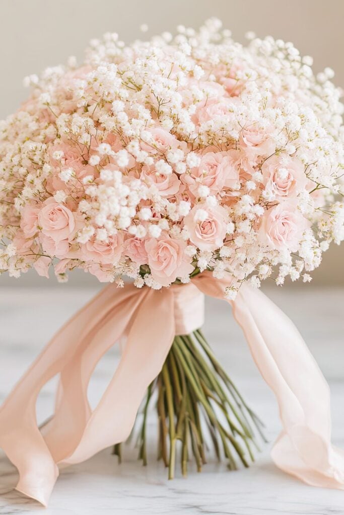 Round wedding bouquet with pink roses and baby's breath tied with peach silk ribbon
