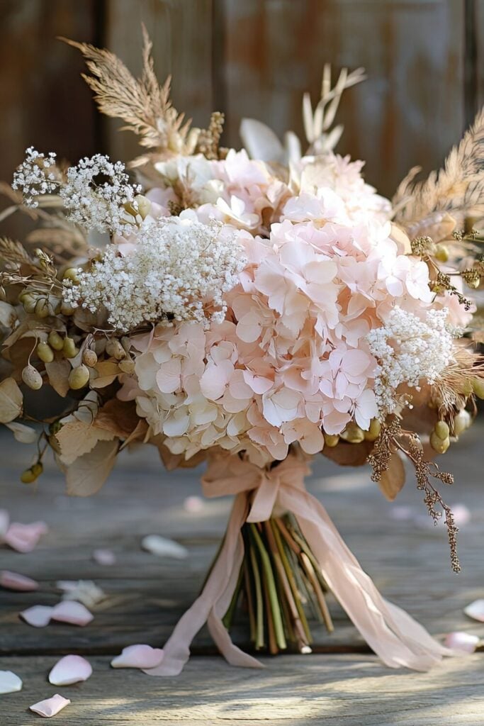 Blush hydrangea bouquet accented with Baby’s Breath, dried florals, and a blush ribbon, resting on a rustic wooden surface.
