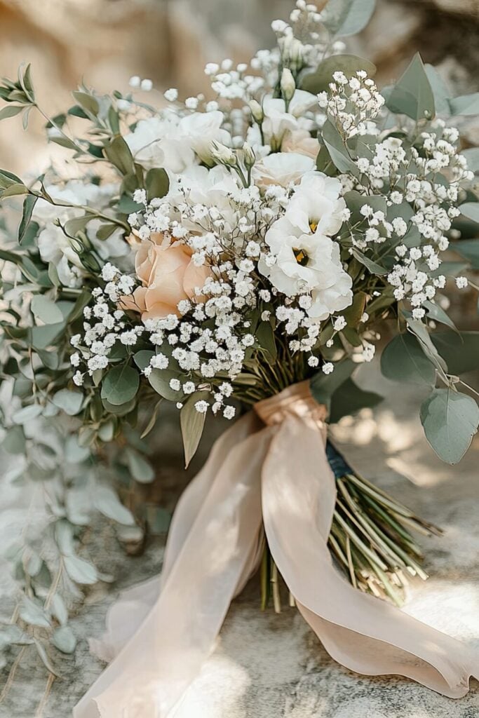 Wedding bouquet with white lisianthus, eucalyptus and baby's breath tied with champagne ribbon