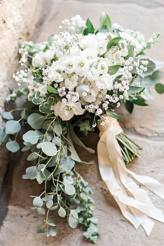 White wedding bouquet with baby's breath, campanula, and trailing eucalyptus tied with cream silk ribbon