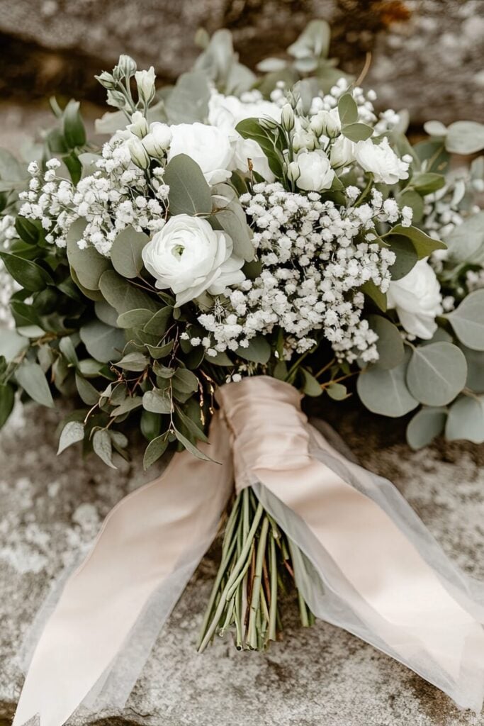 Winter white bouquet featuring ranunculus, baby's breath and eucalyptus with blush silk ribbon