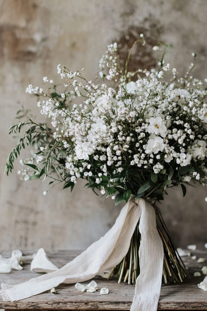 Natural white wedding bouquet with baby's breath, cosmos and olive branches tied with flowing ivory ribbon