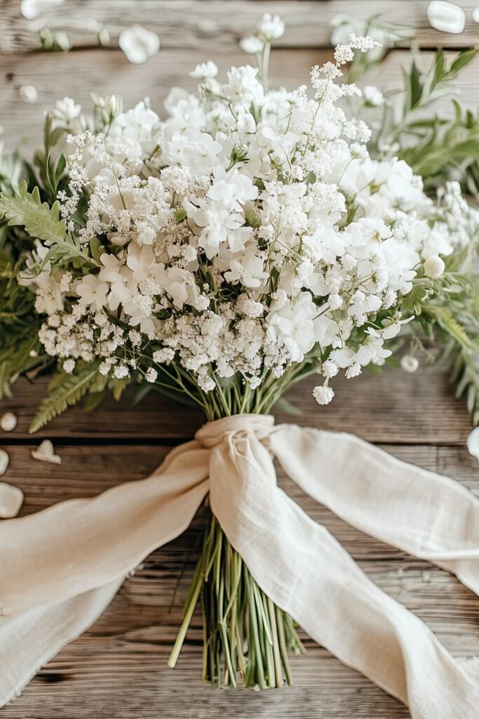 White wedding bouquet featuring stock flowers and baby's breath with greenery tied with champagne ribbon