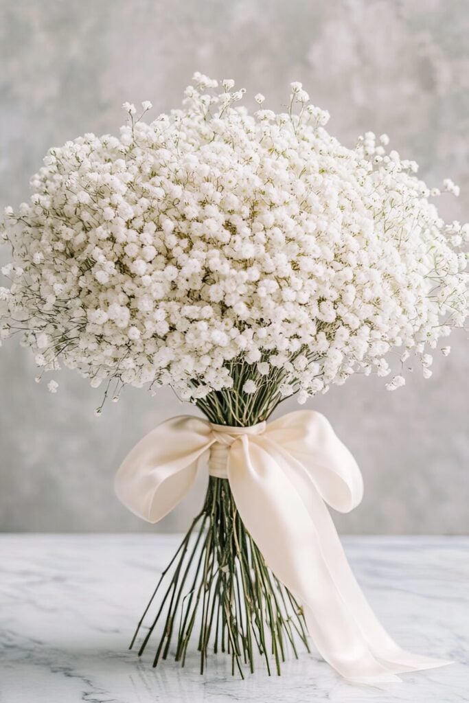 Pure white baby's breath bouquet in round shape with ivory silk bow on marble background