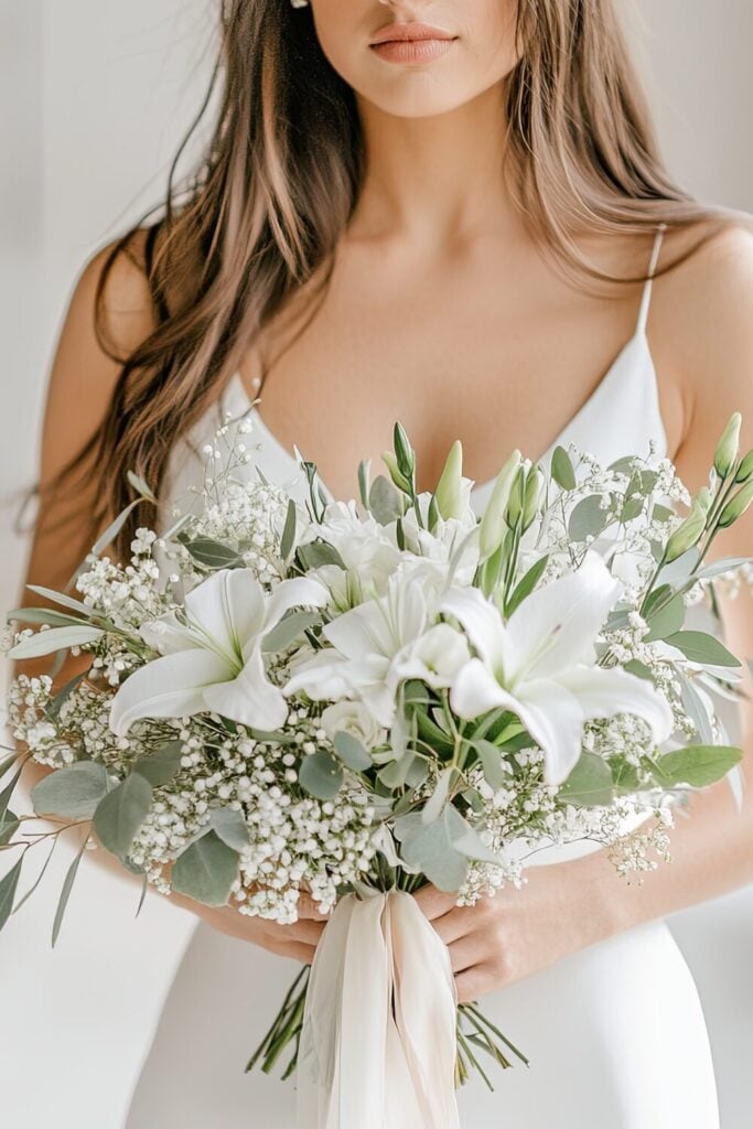 White lily wedding bouquet with Baby’s Breath, eucalyptus, and greenery, tied with a cream ribbon, held by a bride in a white gown.