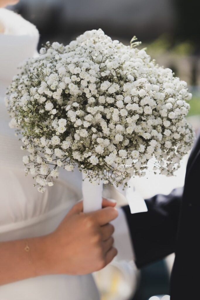  Round bouquet of pure white baby's breath with white ribbon wrap