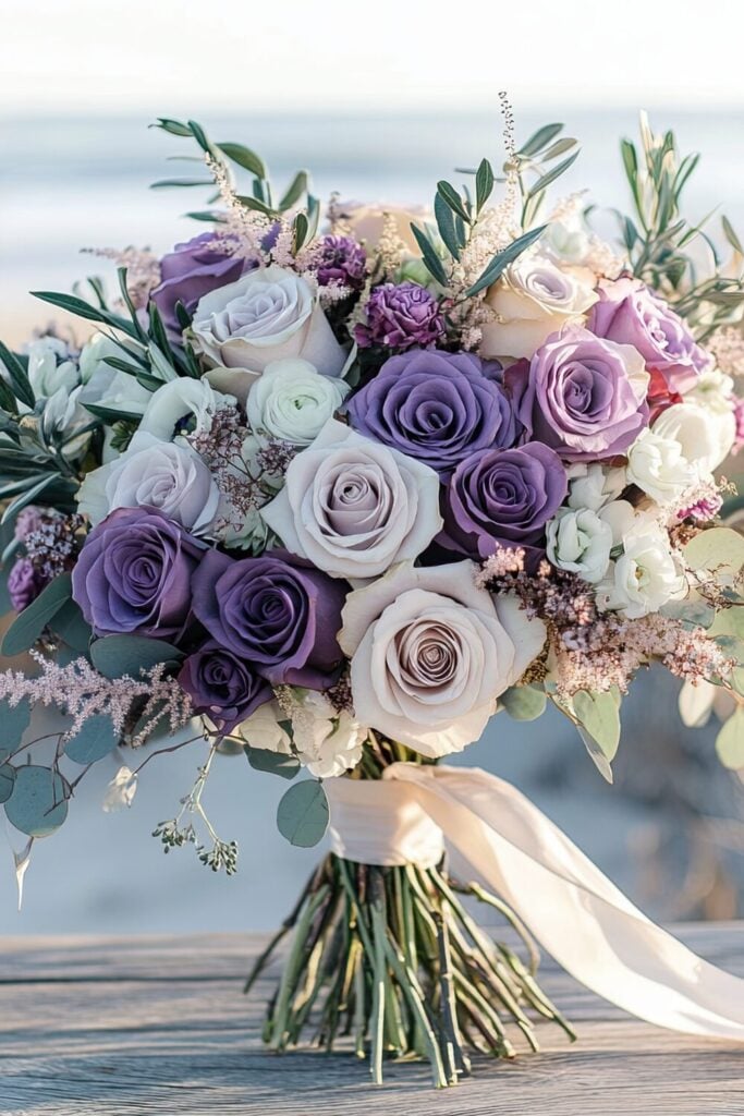 A purple and white rose wedding bouquet with lavender accents and eucalyptus greenery, styled on a wooden surface by the ocean.